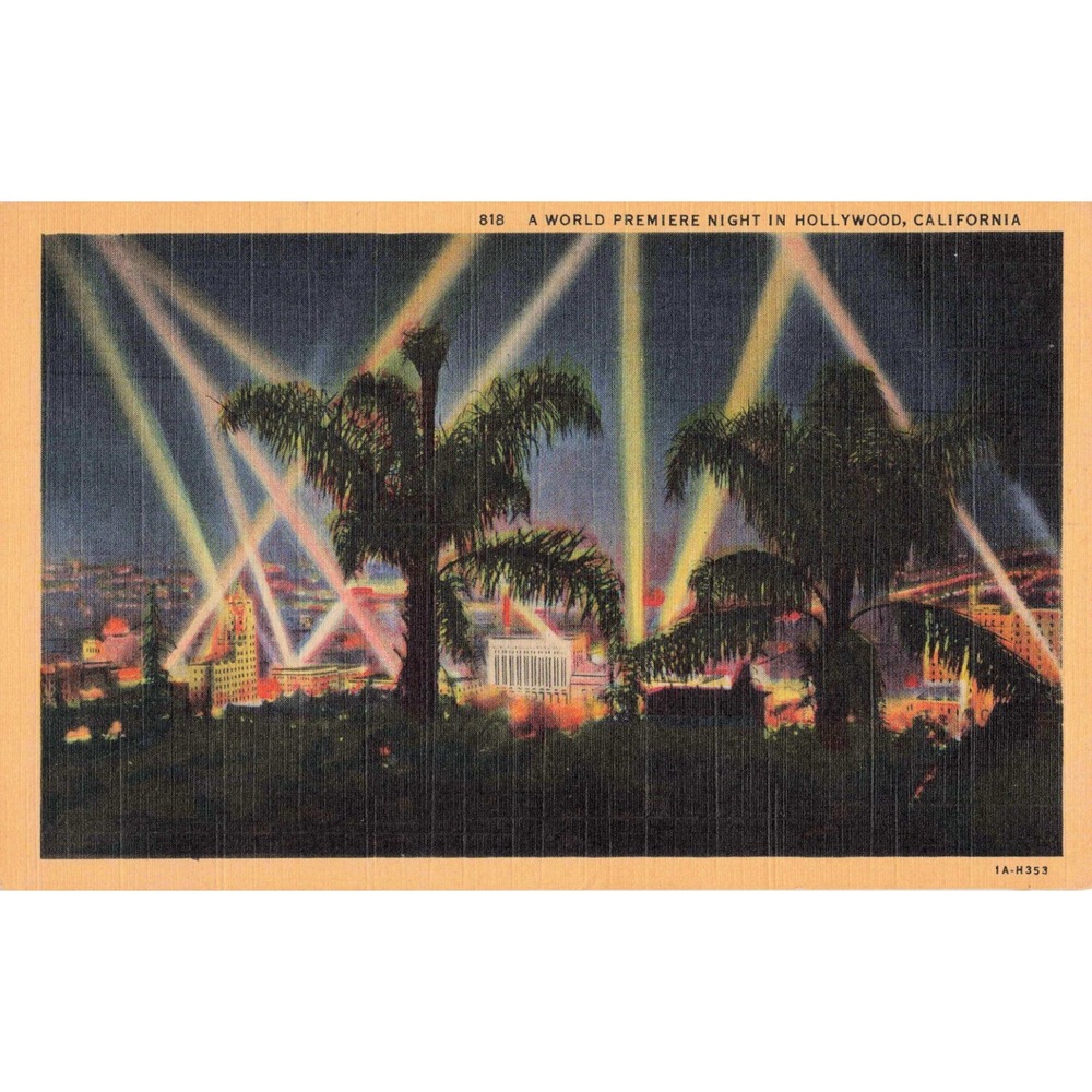 Hollywood California CA World Premiere Night Searchlights 1941 Linen Postcard - Picture 1 of 2